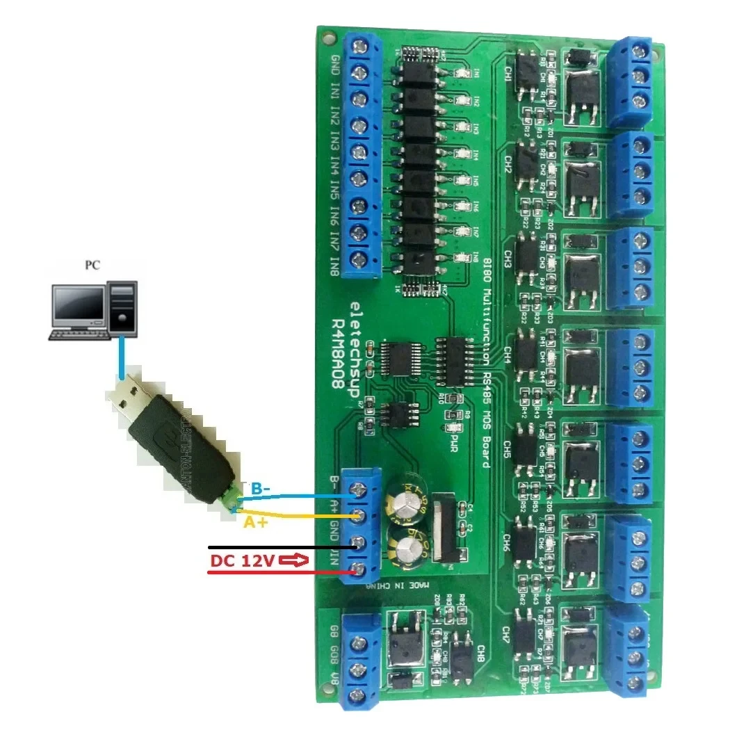 

DC6-24V 5A 8I8O Multifunction Modbus RTU MOSFET Module Support 03 06 16 Function Code RS485 Switch Control Board DIN35 Rail Box