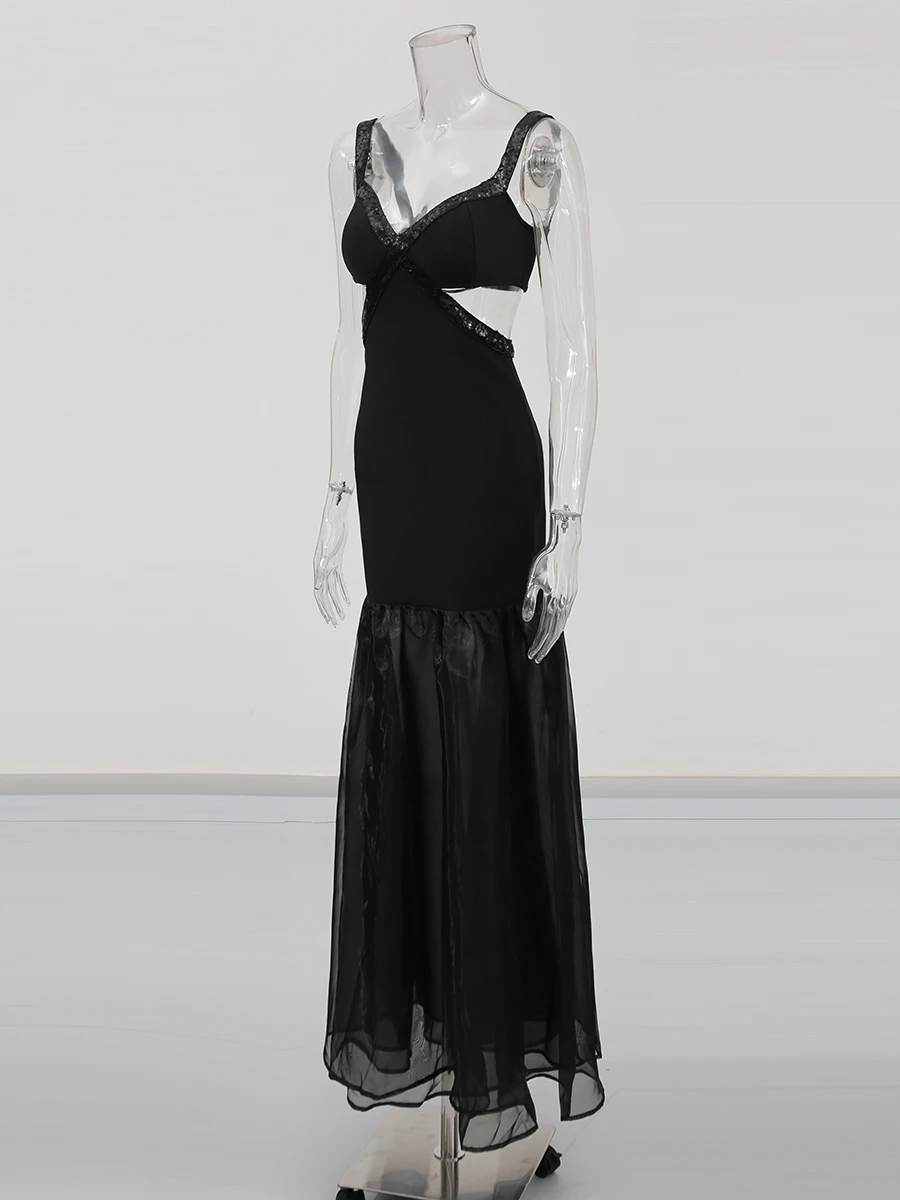 CHICEVER vestido largo de noche Formal para mujer, cuello oblicuo, hombros descubiertos, cintura alta, recortes, malla de retales, vestidos elegantes para mujer