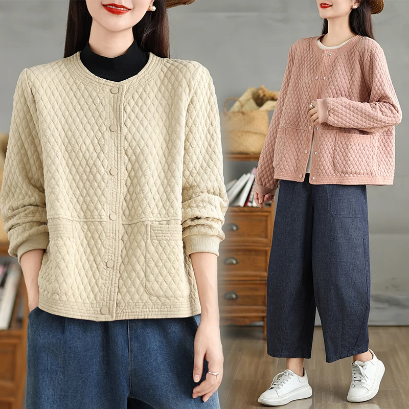 

Korean Sle ort Quilted Jaet Women's Loose Sweatirt Slimming Casual Baseball irt Top Trendy Cotton Blend Long Sve