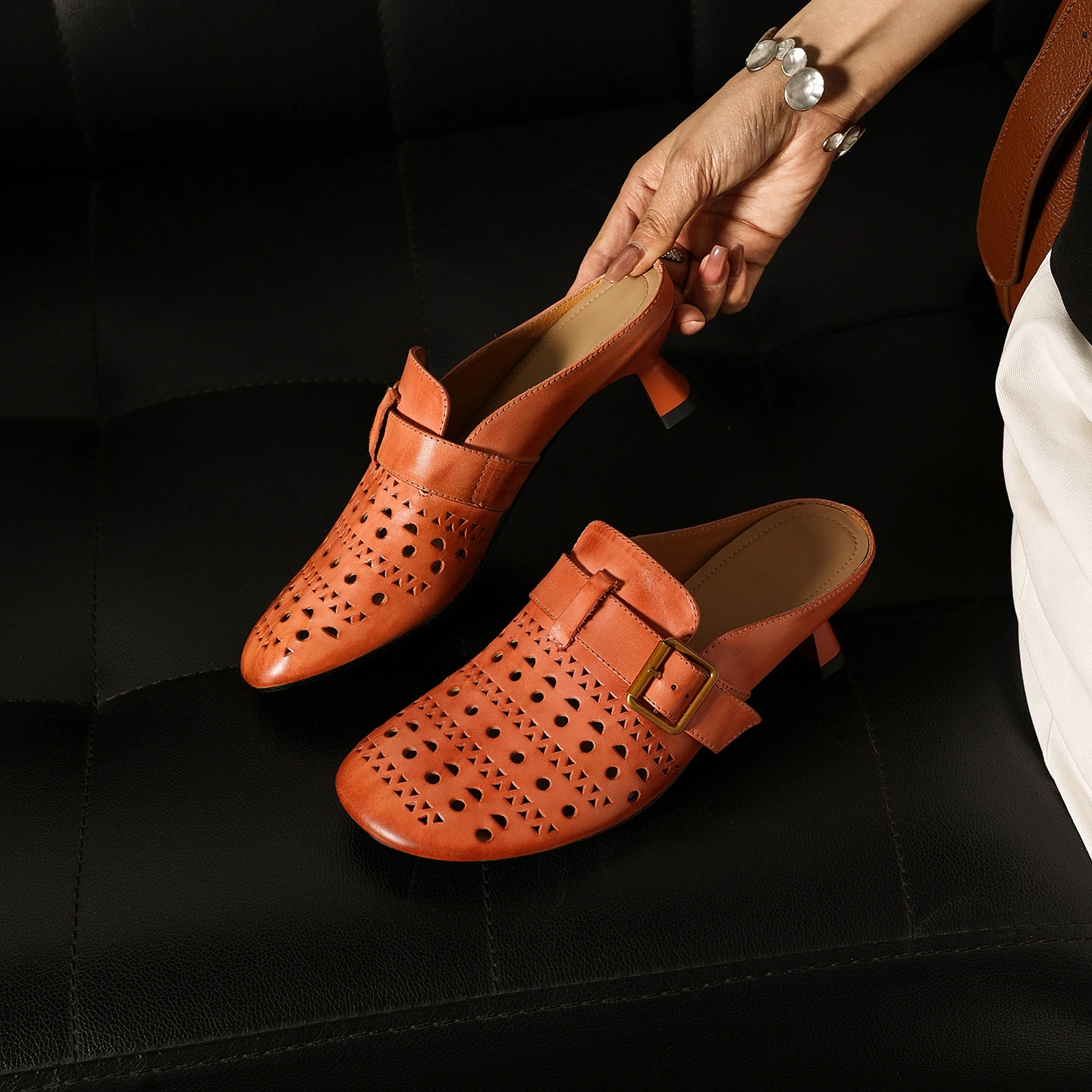 2026 new summer women sandals natural leather 22-25cm cowhide+pigskin+sheepskin hollow-out high heel women slippers fashion