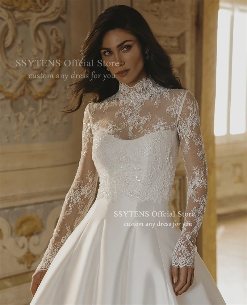 SSYTENS فساتين زفاف فاخرة من الدانتيل للمرأة برقبة عالية من الساتان زي العرائس بأكمام طويلة فستان عروس Vestidos De Novia مخصص
