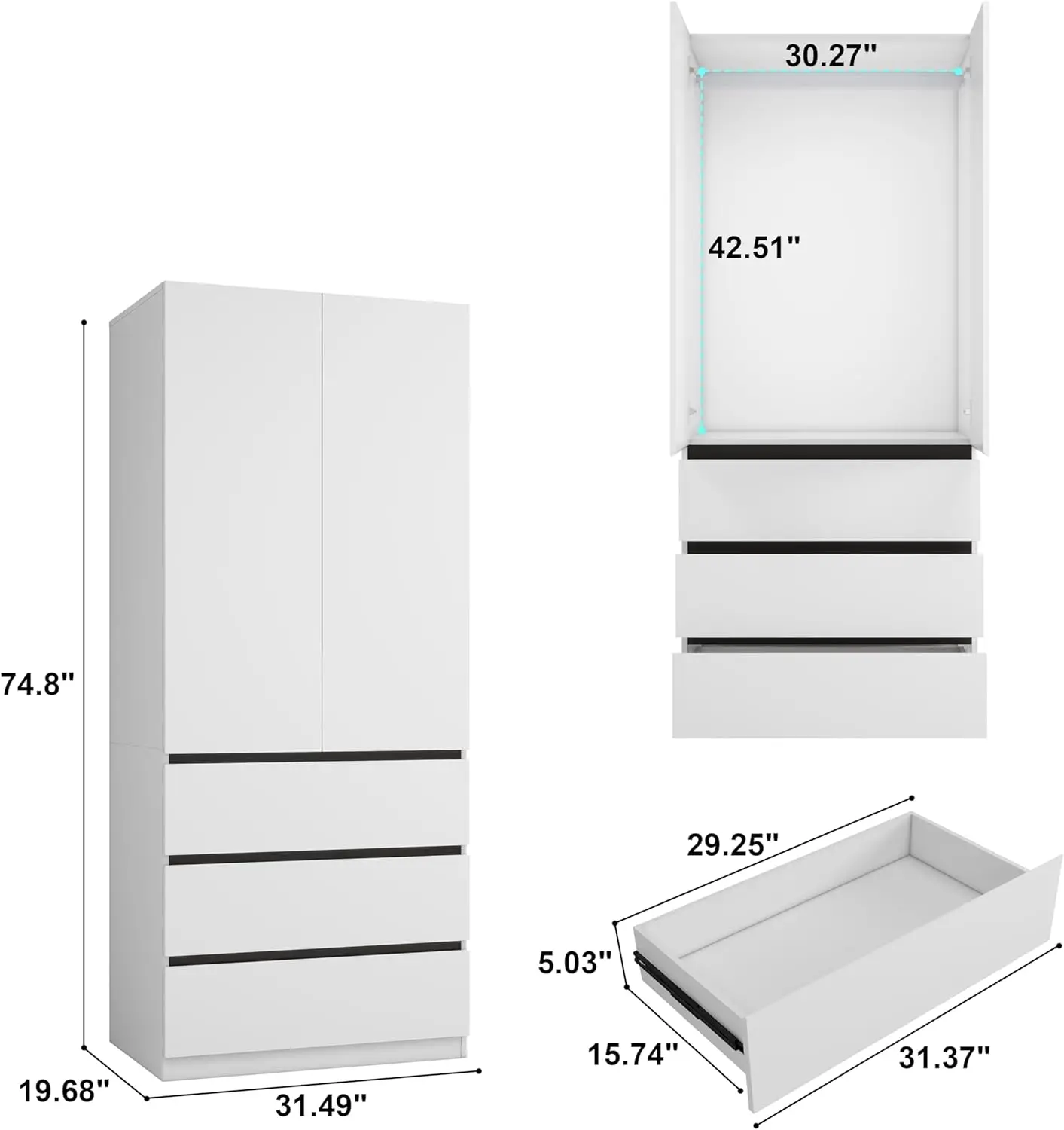 Bedroom Armoire Wardrobe Closet with 2 Doors: 75