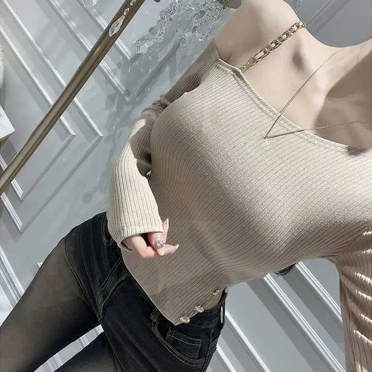 Korean Style Versatile Chain Shoulder Strap Off Shoulder Split Top Spring New Short Thread Long Sleeve T-shirt Female Ins