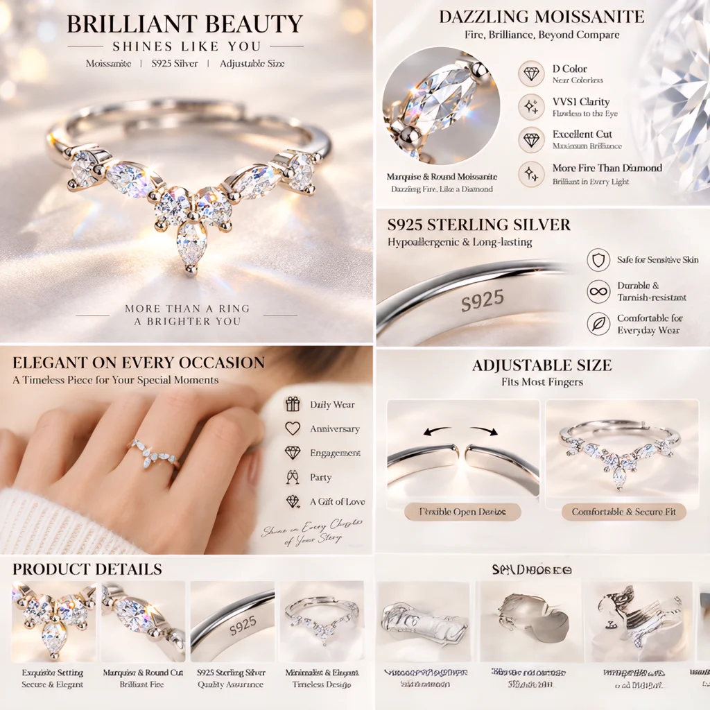 Marquise-Ring mit GRA-Zertifikat, S925 Sterling Silber Moissanit-Ring, D VVS1 3EX Schliff, Funkelnder Moissanit-Bandring, Hochzeits- und Partygeschenk – Detail 3