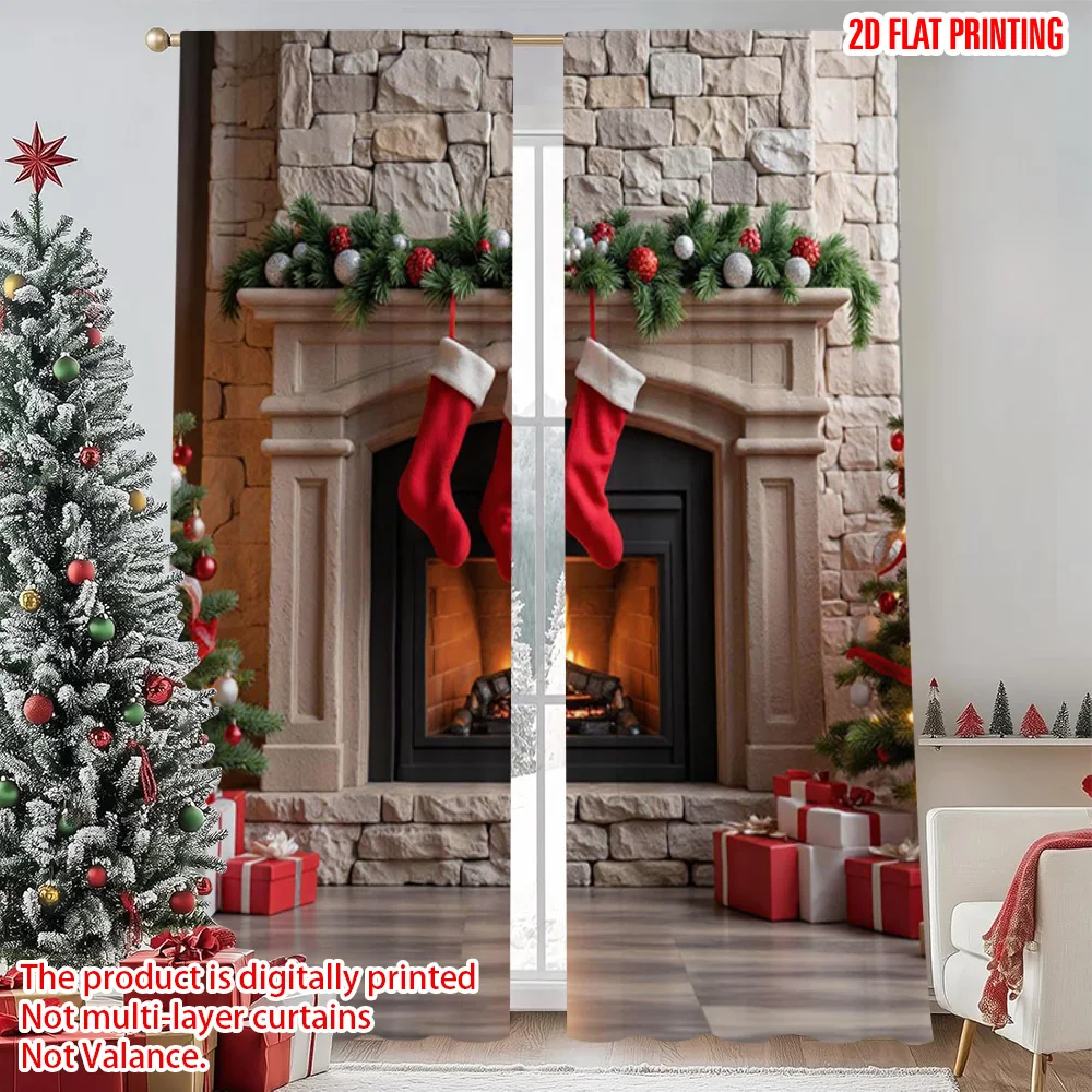 

2pcs 2D flat printing Merry Christmas Popular Curtain Christmas fireplace1 Durable 100% Polyester Fabric Without Electricity