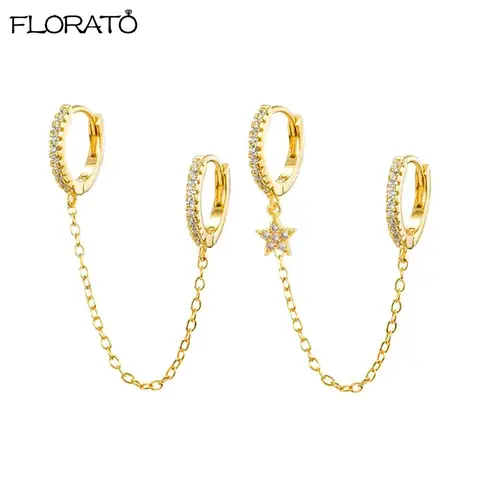 1PCS Double Hoop Earring with Chain 925 Sterling Silver Ear Needle Crystal Huggie Earrings Party Jewelry Piercing Earlobe Hoops