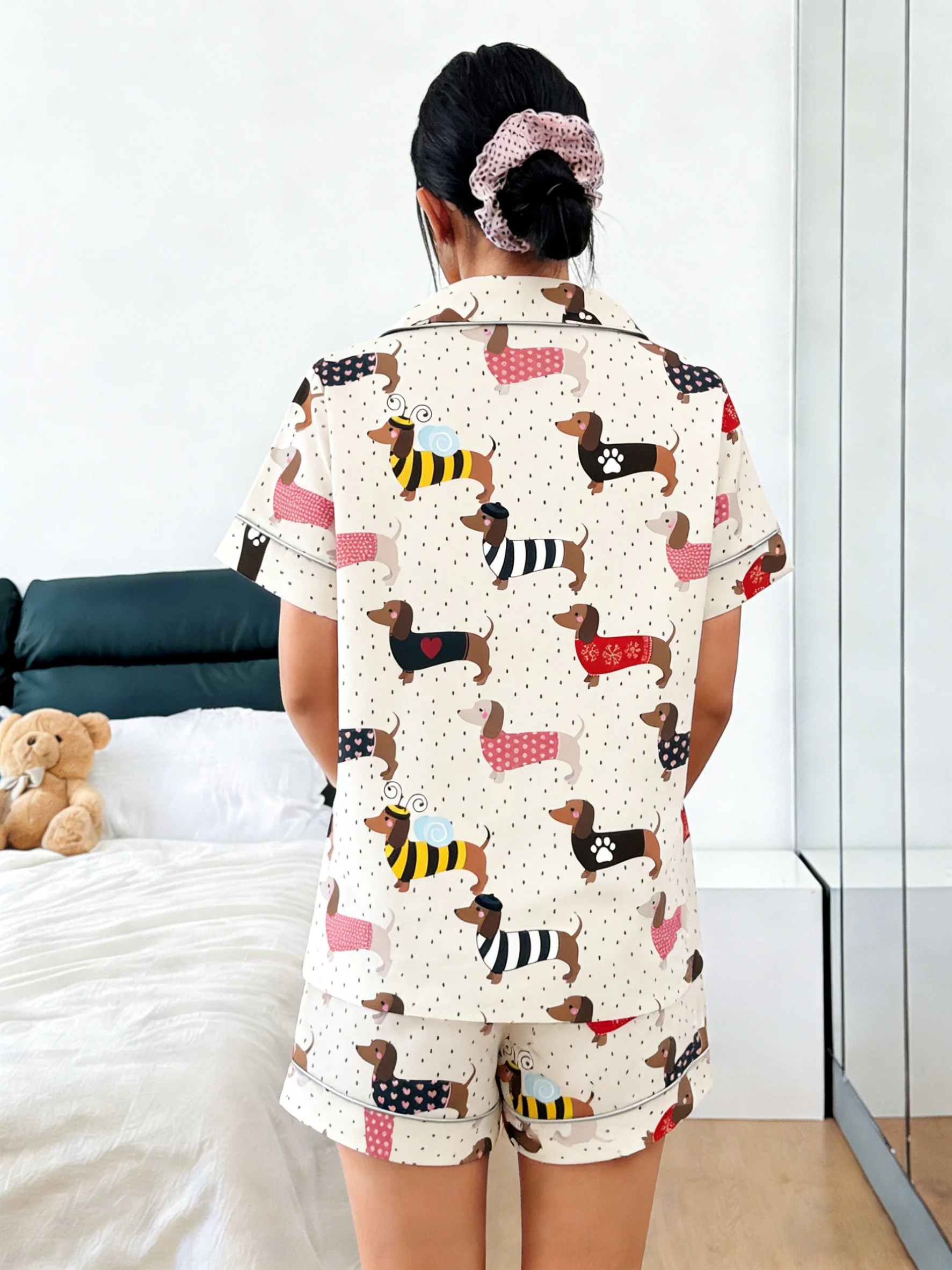 Women Pajamas Cardigan Lapel Short Sleeve Shorts 2 Piece Set Spring Summer Cute Dress Up Dachshund Print Homewear Loungewear image 2