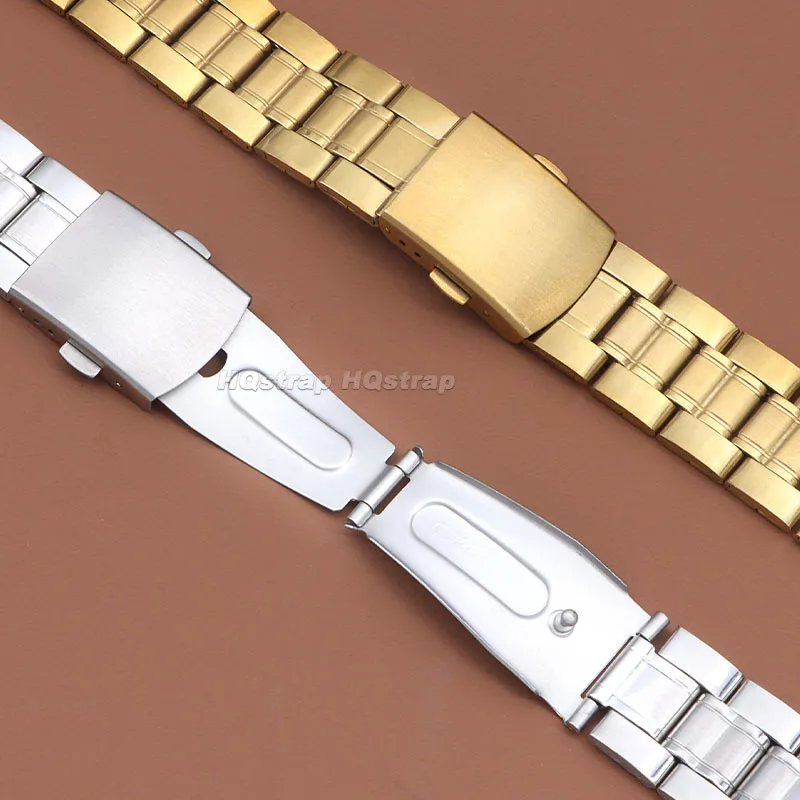 스테인레스 스틸 밴드 12mm 14mm 16mm 18mm 20mm 22mm 24mm 유니버설 시계 스트랩 금속 세 구슬 팔찌 접는 걸쇠 팔찌