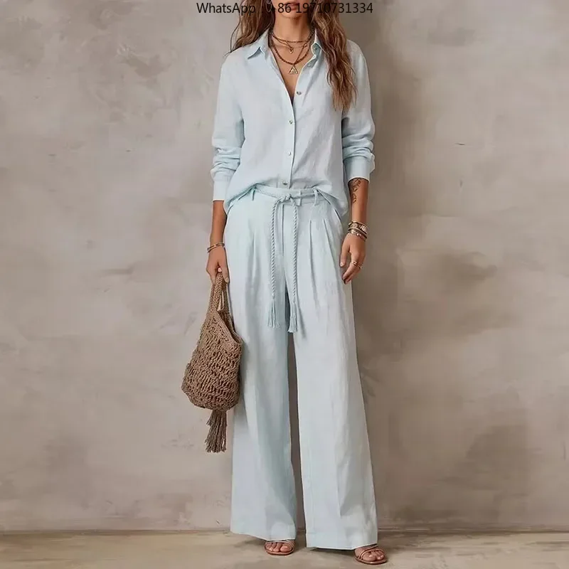 Women Solid Lapel 2 Piece Set Long Sleeve Blouse Braided Drawstring Wide Leg Pants Casual Fall Travel Beach Outfit
