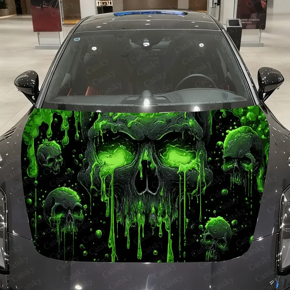 Green Corrosive Skull Car Vinyl Wrap, PVC Waterproof Car Hood Sticker, Self-Adhesive Scratch-Resistant Stickers for Engine Cover