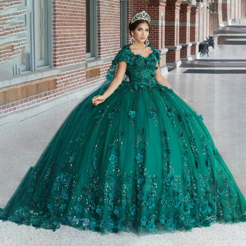 

ANGELSBRIDEP Emerald Hunter Green Quinceanera Dress Off Shoulder Sequined Appliques Sweep Train Sweet 15 Years Robes De Soiree