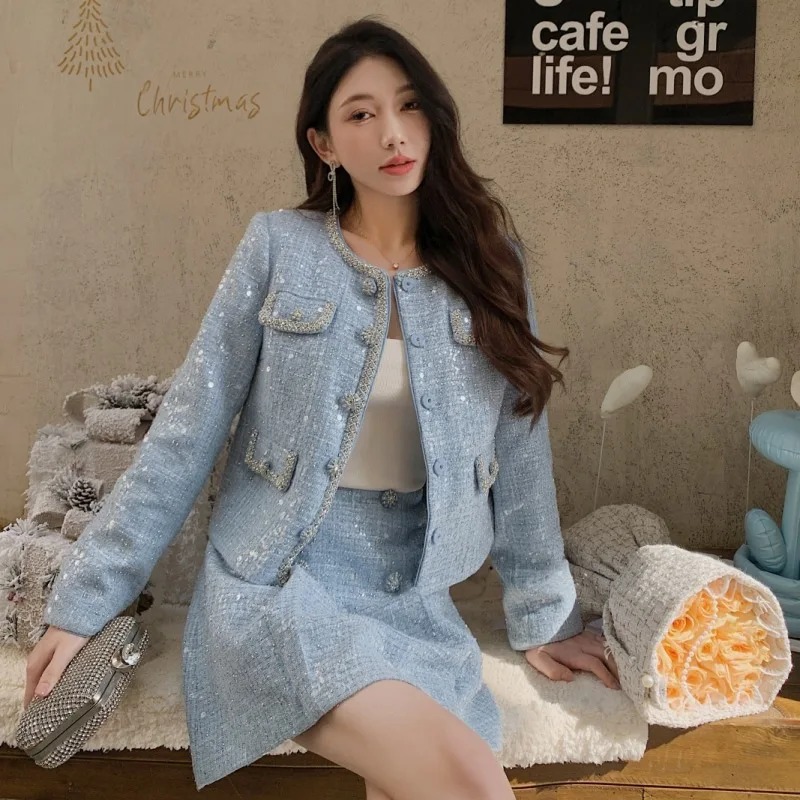 Diamonds Beaded Blue Woolen Woven Tweed Sequin Two Piece Sets Women Autumn Winter Long Sleeve Jackets Coats Short Skirts Outfits