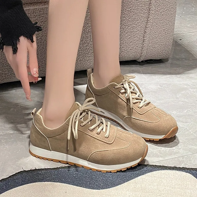 2024 Spring/Summer/Autumn New Classic Suede Retro Round Headed Lace up Flat Bottom Casual Large Size Single Shoes for Women