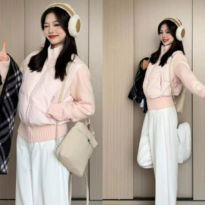 

Sweet Style Girlish Pink Stand-up Collar Knitted Patchwork Bread Jacket for Winter 2026 Short Cotton-padded Outerwear for Women