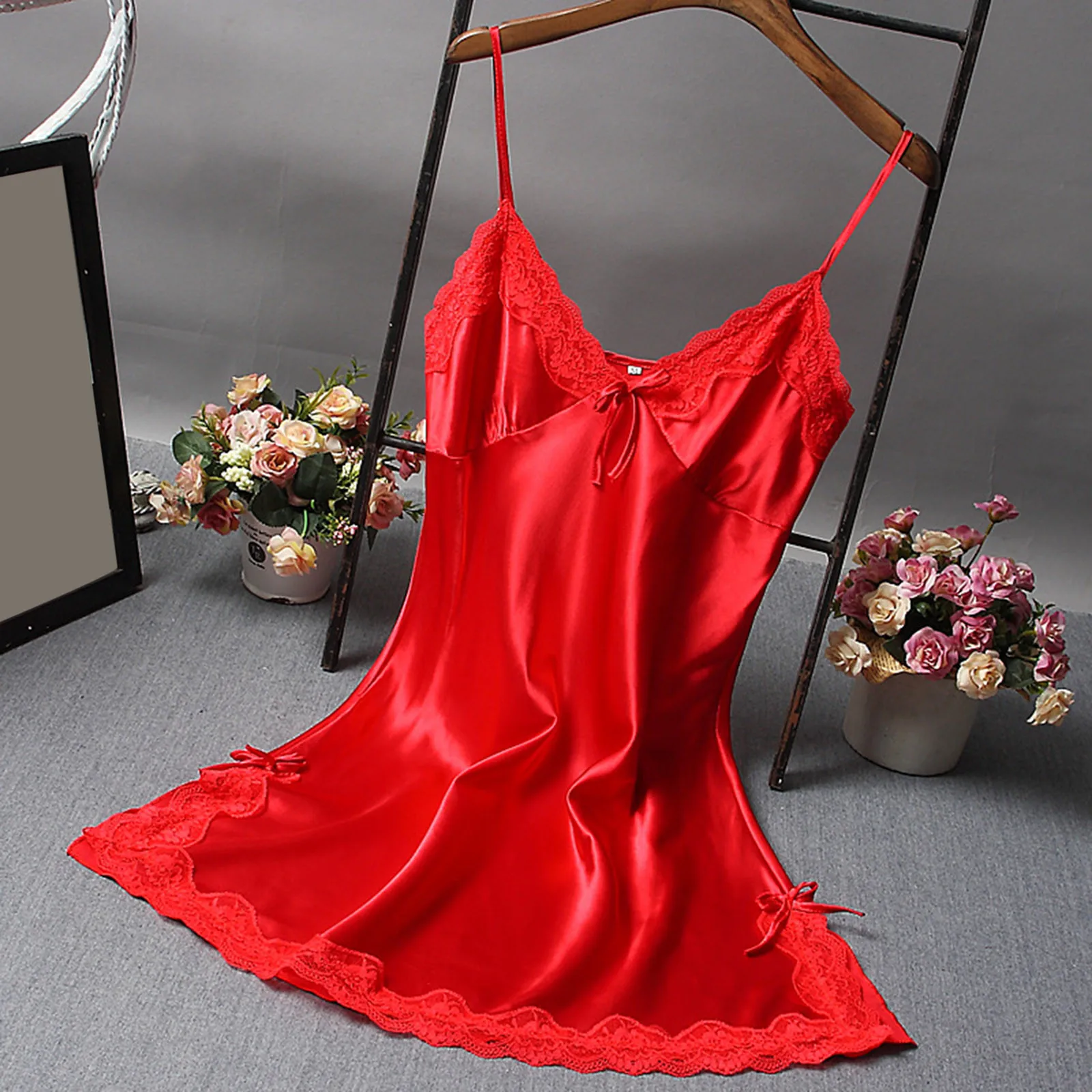 

Women's Satin Nightgown Spaghetti Straps Sleep Dress Sexy V Neck Sleepwear Solid Color Nightwear Nighties Sleeveless Night Dress