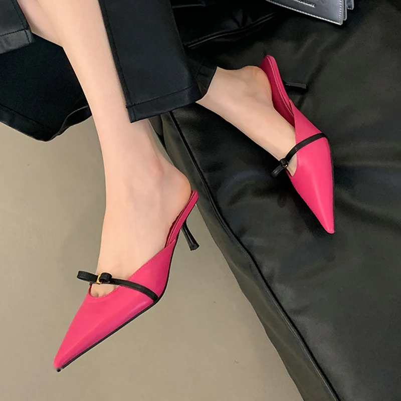 New Design Butterfly-knot Woman Slippers Fashion Low Thin Heels Pointed Toe Shallow Sandals Slip On Party Casual Mules Shoes