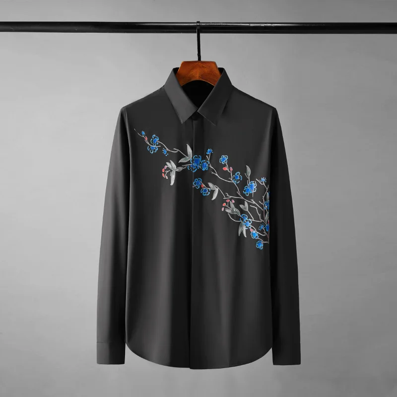 Minglu Rattan Leaf Printing Male Shirts Luxury Long Sleeve Solid Color Business Casual Mens Shirts Slim Fit Party Man Shirts 4XL