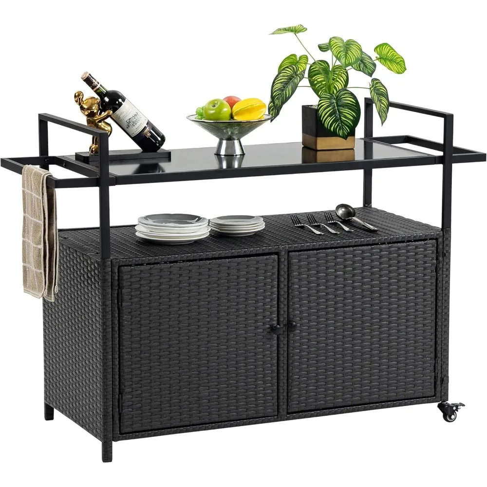

Outdoor Bar Cart Table - Patio Console Storage Cabinet BBQ Grill Carts Buffet with Wheels Waterproof Wicker Serving Tables for