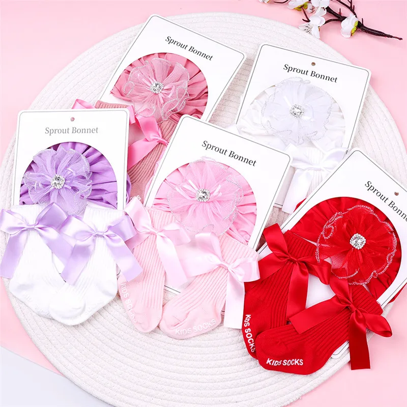 

Newborn Baby Floral Hat Socks Set Solid Color Infant Girls Turban Cap Anti-slip Socks 2Pcs