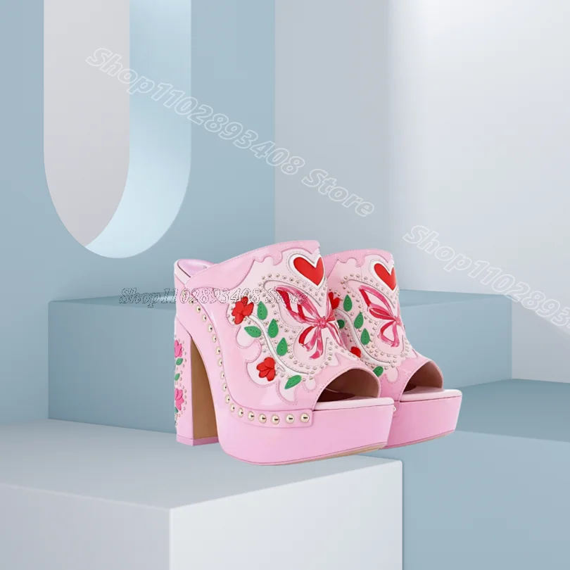 

Embroidery Pattern Platform Slippers Pointed Toe Slip on Chunky Heels Retro Style Women Elegant Slippers Zapatos Para Mujere