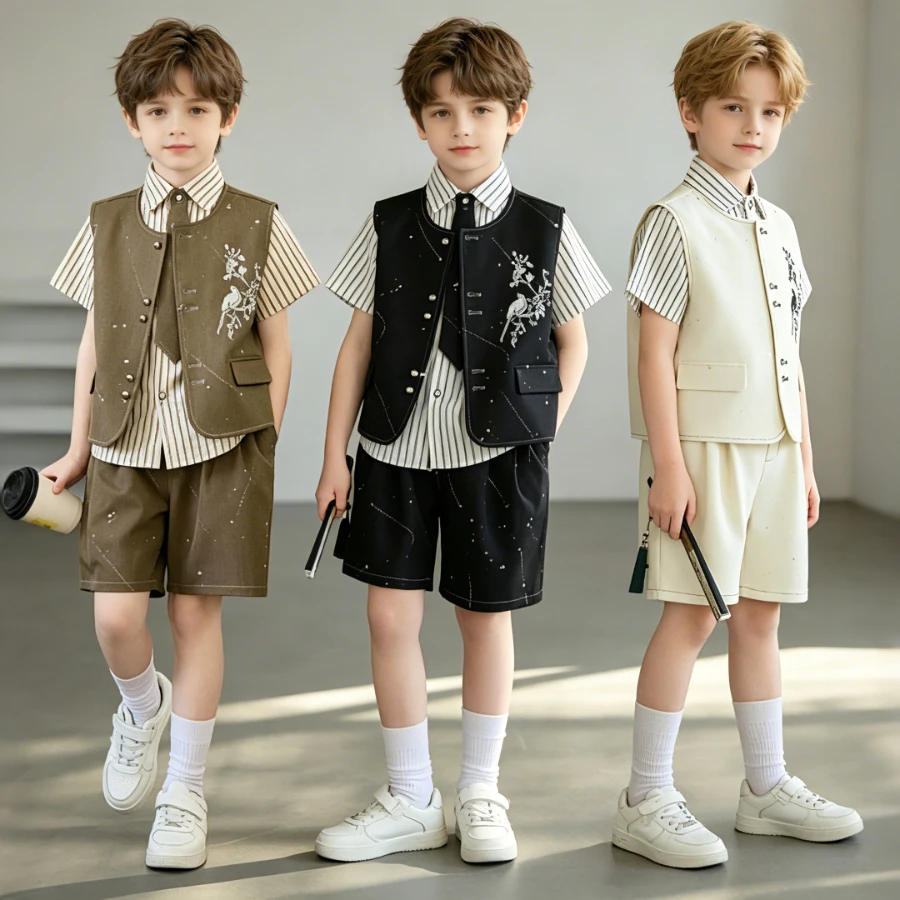 Boys Summer Formal Suit Set Floral Embroidery Vest Striped Shirt Shorts for Wedding Party School Performance Photoshoot Outfit