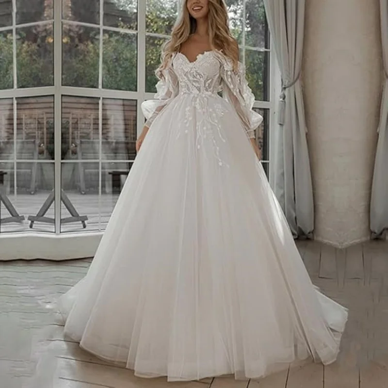 

Tulle Sweetheart Flowers Wedding Dresses Lace Applique Lantern Sleeves Off The Shoulder Spaghetti Strap Bridal Gown