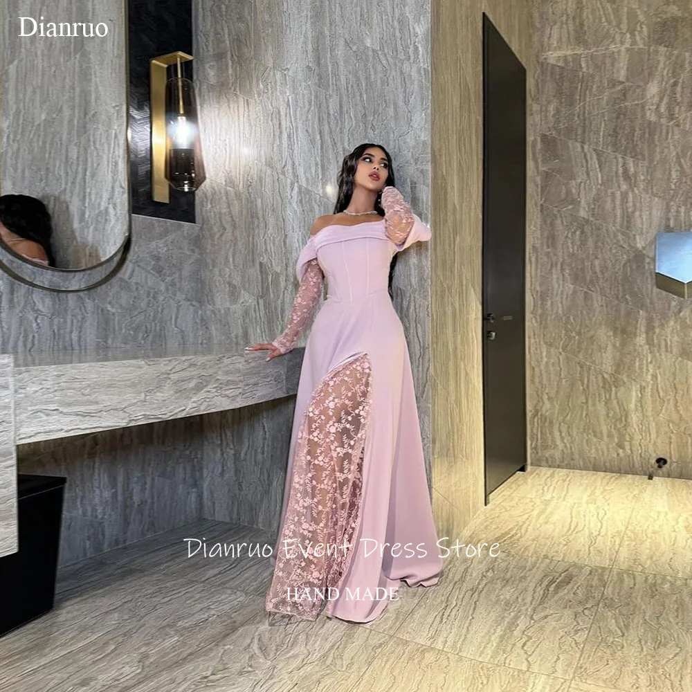 Dianruo ロマンチックなピンクオフショルダーイブニングドレスサテンレースパーティードレスイリュージョン非対称サウジアラビアカスタマイズ