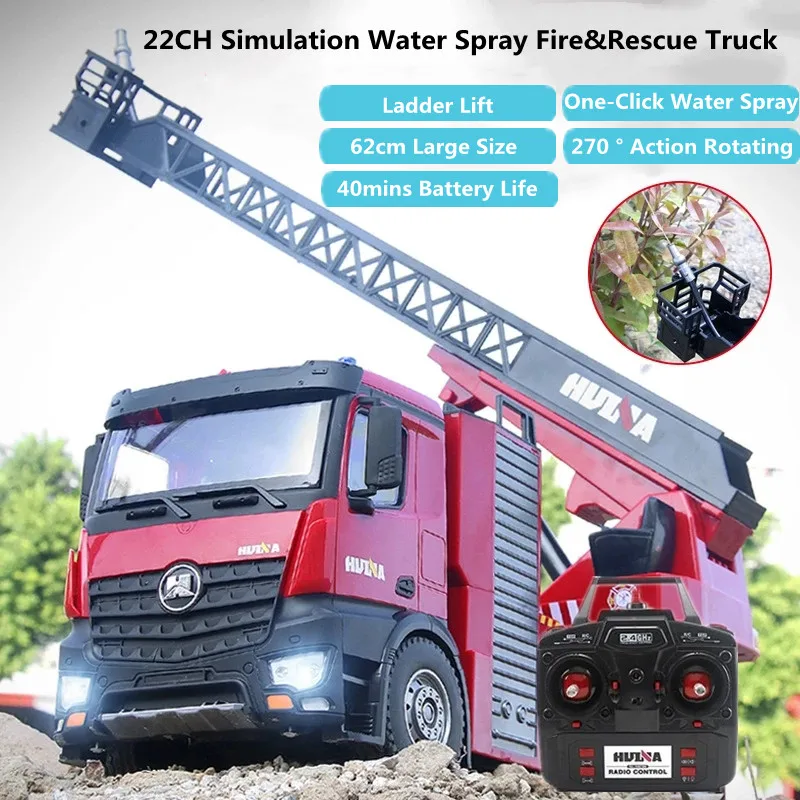 22CH Remote Control Lighting Simulation Water Spray Fire Truck Toy 40Min 270 Degree Rotating Electric Ladder Lift RC Truck Gift