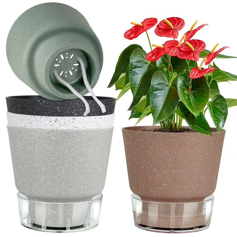 Plant Pots 6 Inch Self Watering Pots, 5 Pack Flower Pots Outdoor Indoor, Planter With Drainage Hole & Tray Saucer