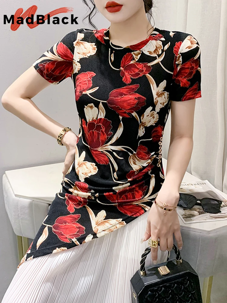 MadBlack Summer European Clothes Medium Long T-Shirt Retro Women Sexy Asymmetrical Flower Print Slim Tops Short Sleeves T35262C