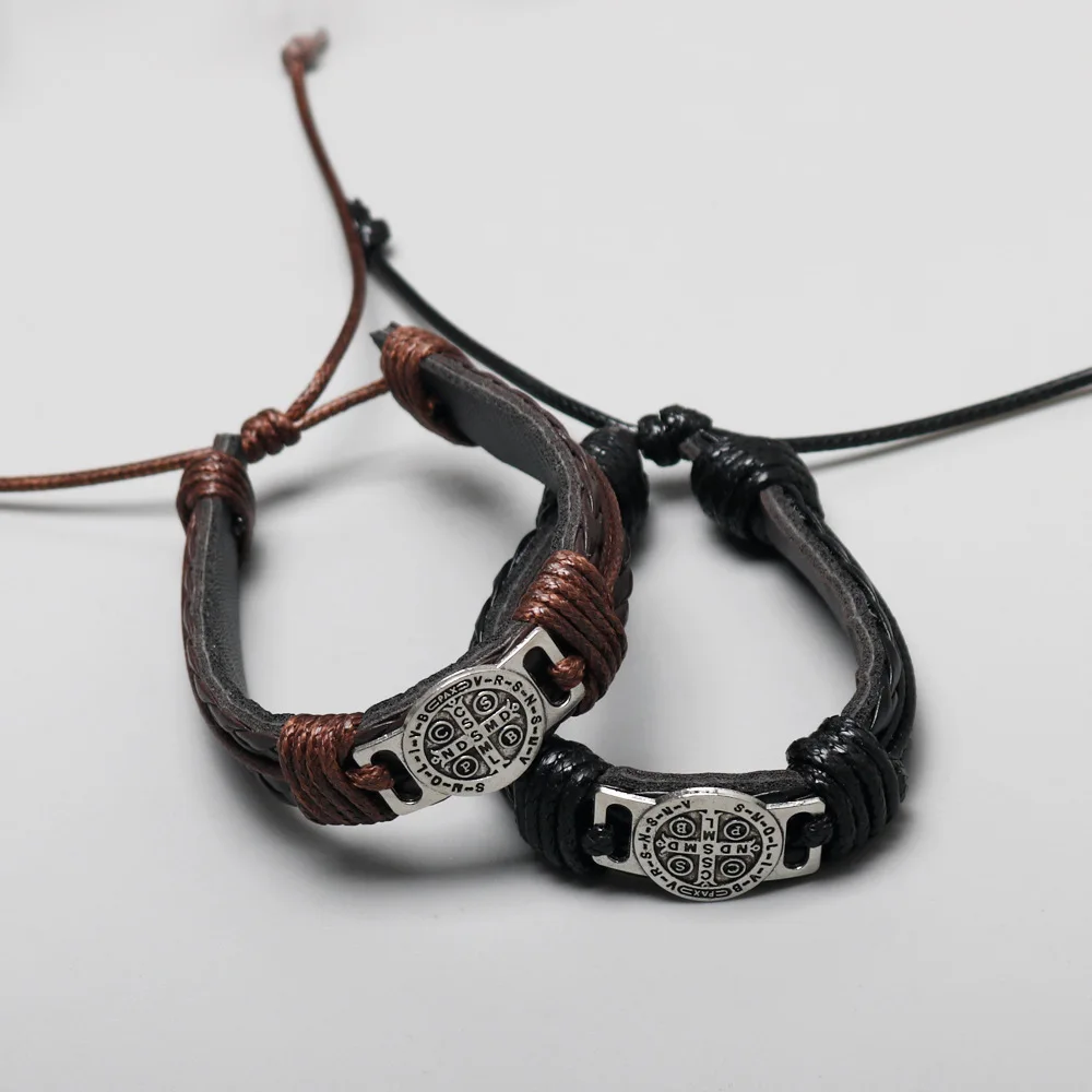 Vintage Handmade Braided Leather Bracelets For Men Myth Cross Scripture Retro Lace-Up Punk Style Leather Bracelet Accessory Gift