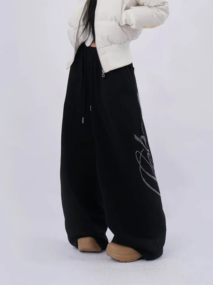 Harajuku y2k diamante preto sweatpants feminino solto vintage americano hip hop calças primavera cintura alta bf streetwear carta