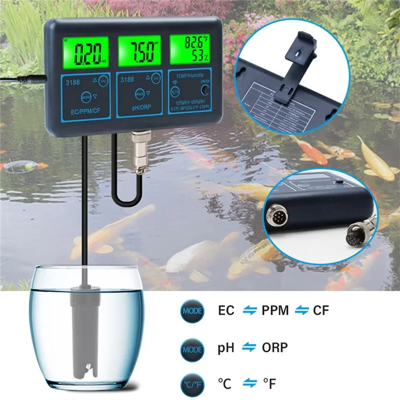 ABMF-Tuya Wifi 7 In1 Water Quality Tester Multi-Parameter Water Analyzer PH/ORP/EC/PPM/CF/Humidity/TEMP Monitor Meter US Plug
