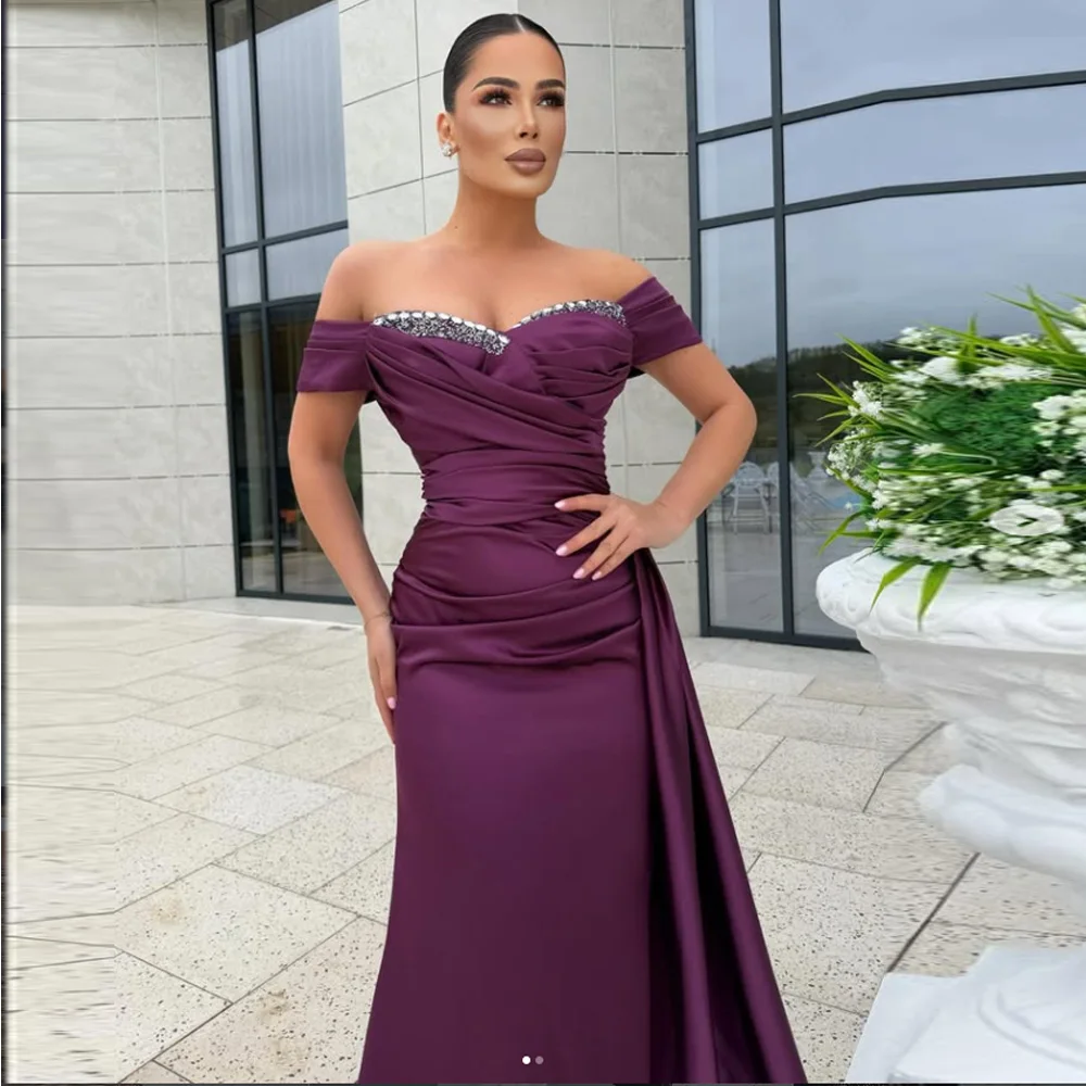 

Modern Party Dresses Satin Sheath/Column Beads Sequins Evening Dress Off-the-shoulder Pleat Draped Long Prom Dresses Customized