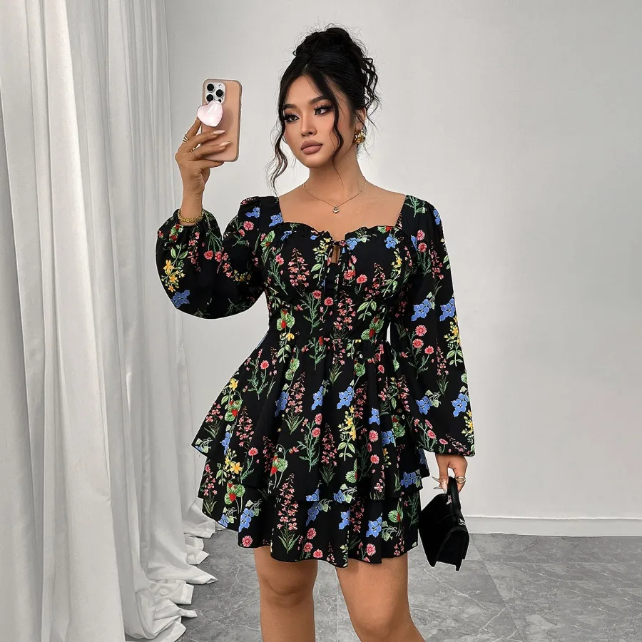 

【New style】New printed cake skirt quick sale square collar open back sexy bubble sleeve dress