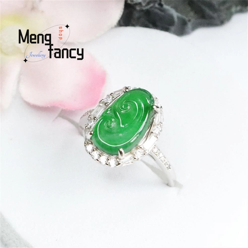 S925 Silver Lnlaid Natural Jadeite Ice Green Ruyi Ring Exquisite Charm High-grade Sexy Young Girls Couple Luxury Quality Jewelry