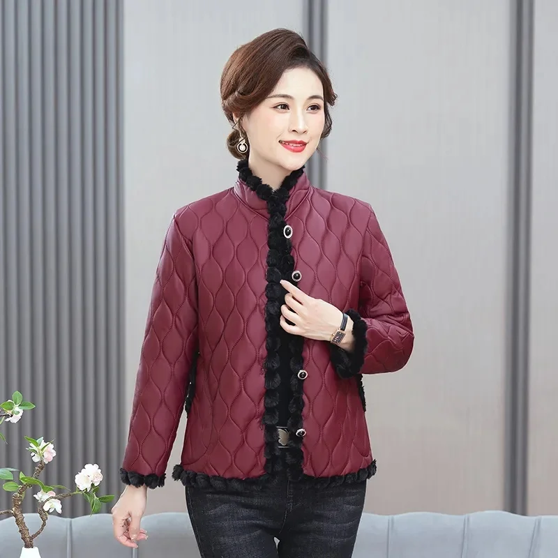 Fashion Noble Plus Velvet Padded Leather Solid Color Stand Collar Autumn Winter Jacket Leather Cotton-Padded Female Mother Coat