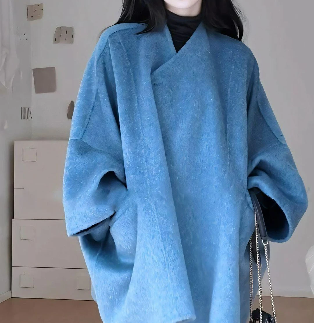 Autumn and Winter Double-sided Woolen Coat Women's New Temperament High Sense Loose Blue Thin Woolen Coat