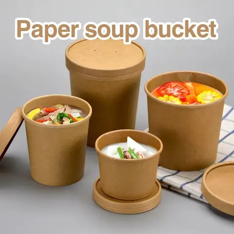 10PCS Disposable Kraft Paper Bucket Bowl 8oz/12oz/12oz with Lid Takeaway Packing Boxes Hot Soup Bowl Round Paper Soup Bucket