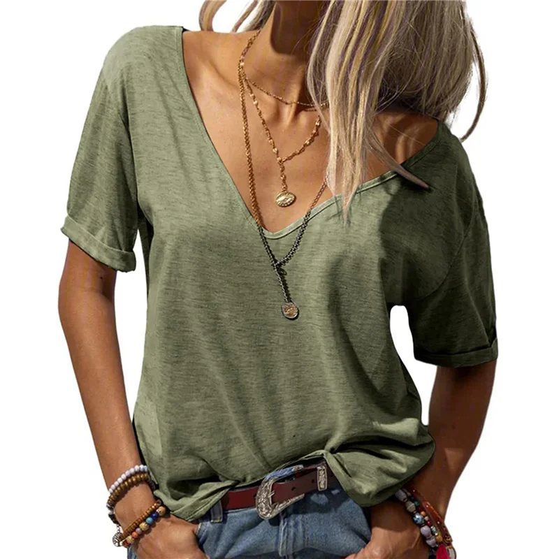 

Hot Kf-Women Fashion Deep V-Neck Short Sleeve Tops Solid Casual Loose Basic T Shirt