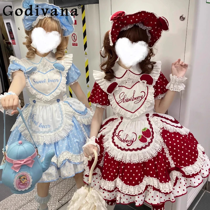 Robe Lolita japonaise douce, ensemble tablier, robe d'été pour filles, avec nœud mignon, imprimé à pois, manches courtes, robe d'anniversaire de princesse OP Y2K