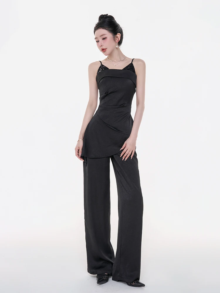 Pantalones de Pierna Recta de Cintura Alta Plateados Brillantes para Mujer, Pantalones Casuales de Pierna Ancha con Caída para Verano, Pantalones Largos Versátiles