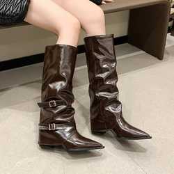 New Low-heeled Women Boots Pointed Toe Solid Color Square Buckle Design 2024 Winter Fashion Women Sexy Long Boots Size 35-42