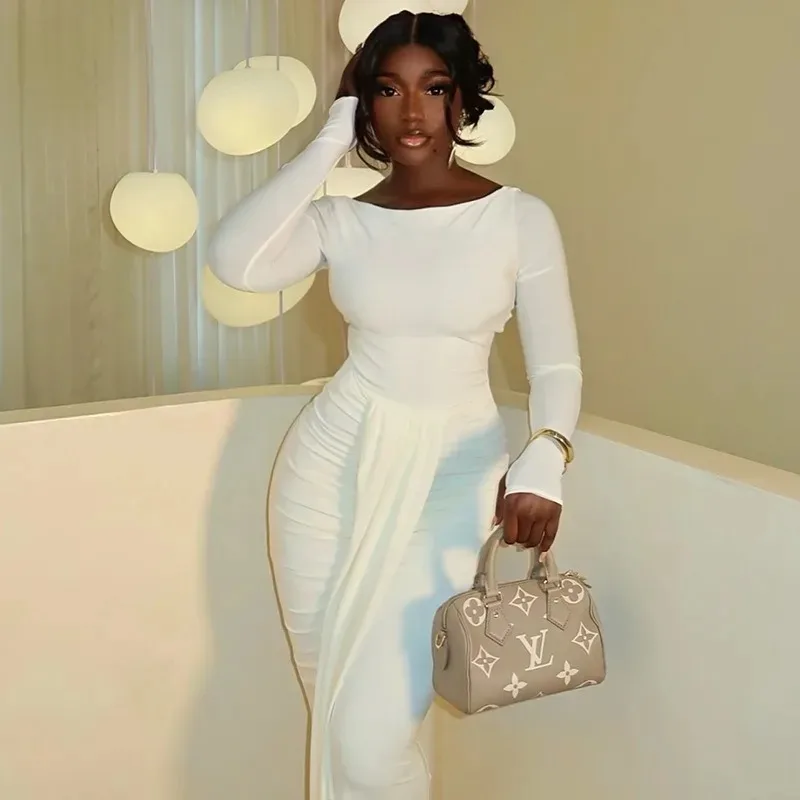 

Women's O-Neck Long Sleeve Pleated Waistband Hips Wrapped Long Dress, Solid Color