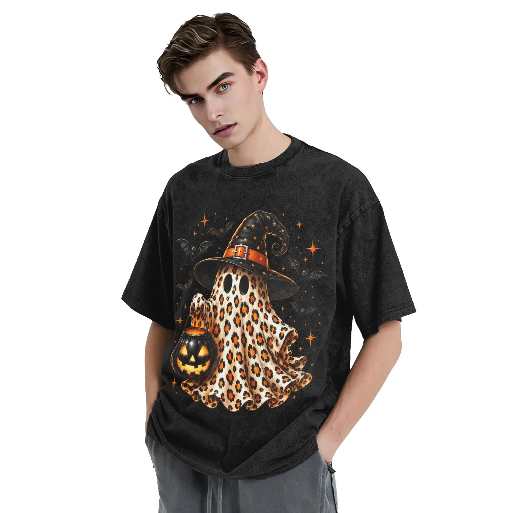 Washed T Shirts Leopard Ghost Hip Hop T-Shirt Halloween Preppy Spooky Streetwear 100% Cotton Graphic Tops Tee Shirt Men Women