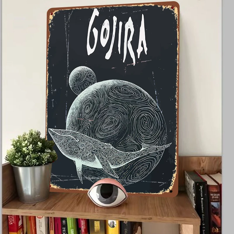 Gojira Themed Metal Wall Art with Swirl Patterned Spheres Whale Design Home Decor