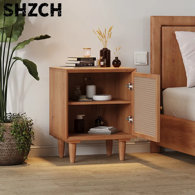 Japanese Style Solid Wood Bedside Table Rattan Weave Storage Cabinet Bedroom Night Stands Exquisite Practical Nordic Furniture