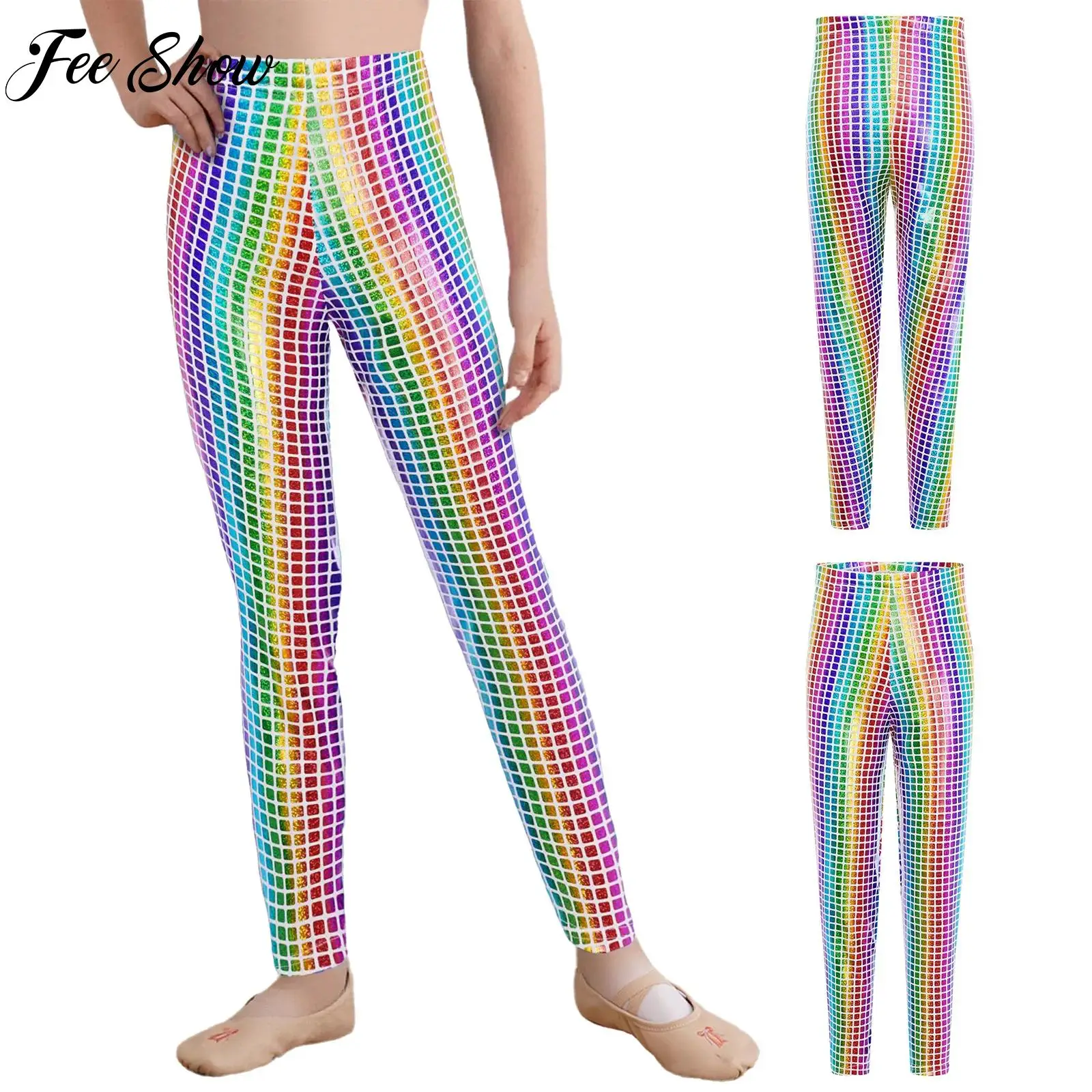

Kids Cheerleading Dance Performance Costume Girls Boys Metallic Plaid Pants Stretchy Leggings School Show Class Party Clothes
