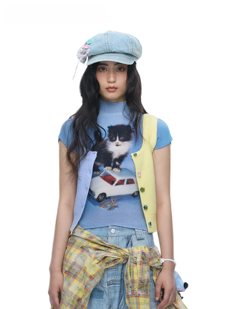 

MOF Girl Folded Shirt Cow And Car Folded Shirt T-Shirt Casual Style Printed Slim Fit Polyester Short Sleeve Half High Collar