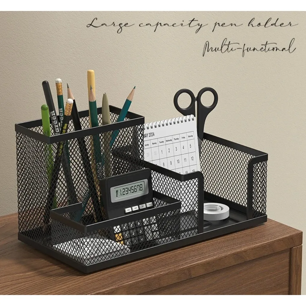 

Настольный органайзер-сетка для канцелярских принадлежностей с подставкой для карандашей и корзинами для хранения настольных аксессуаров, 3 отделения, черный